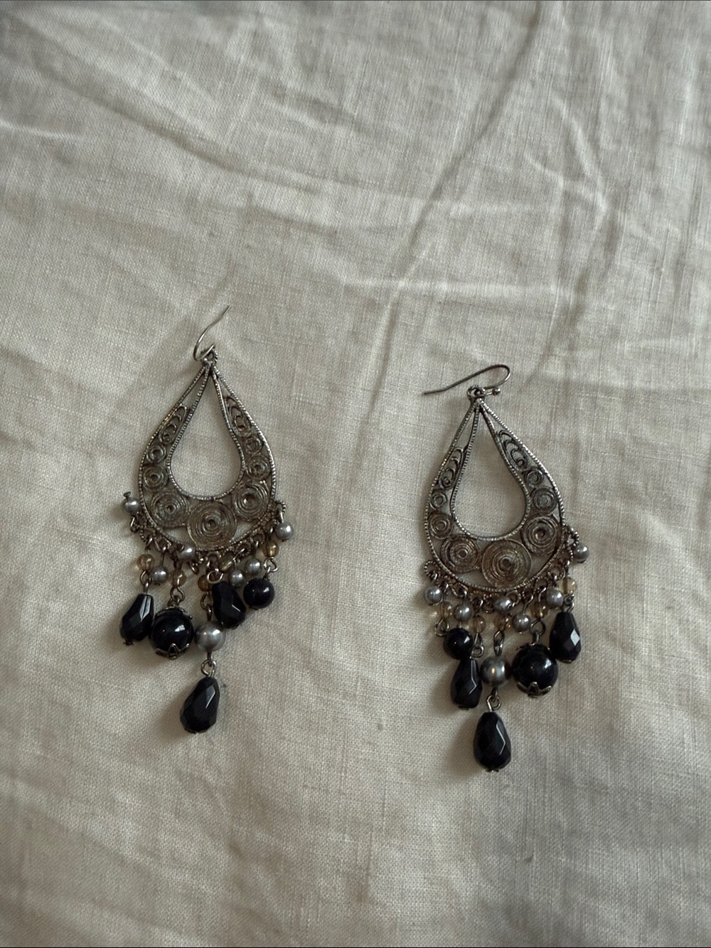 Bohemian Silver-Tone Teardrop Earrings with Black Beads